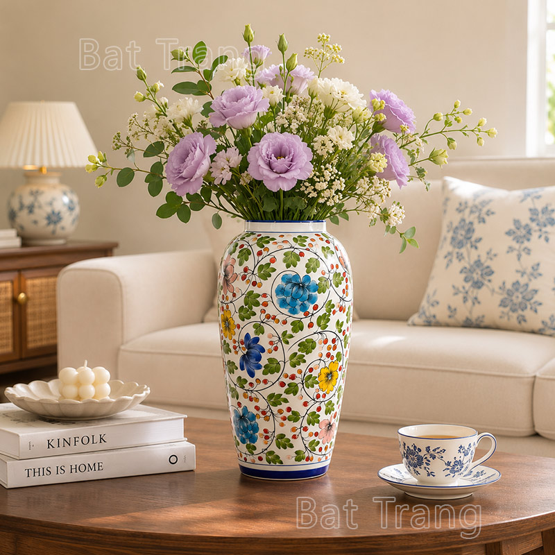 Tall Hand-Painted Floral Ceramic Vase with Roses for Coffee Table Decor