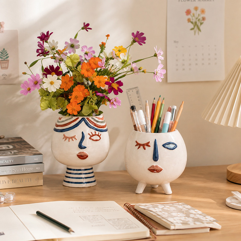 Face Flower Vase Used as a Desk Organizer for School Supplies