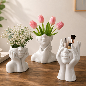 Set Of 3 White Lady Face Vases For hHome Decor, Gifts.