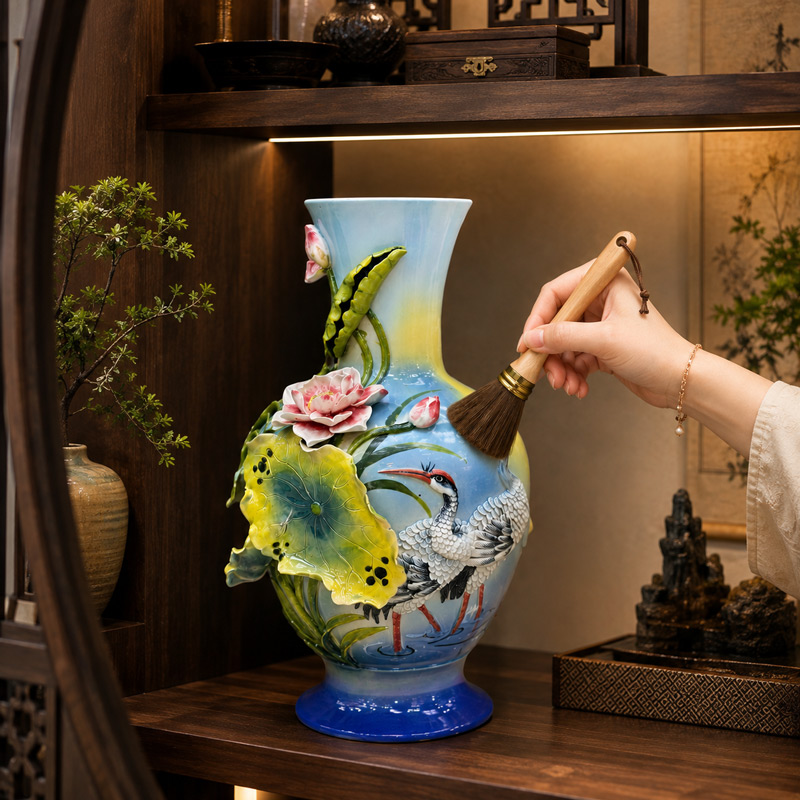 Using a Soft Brush to Remove Dust from a Ceramic Vase