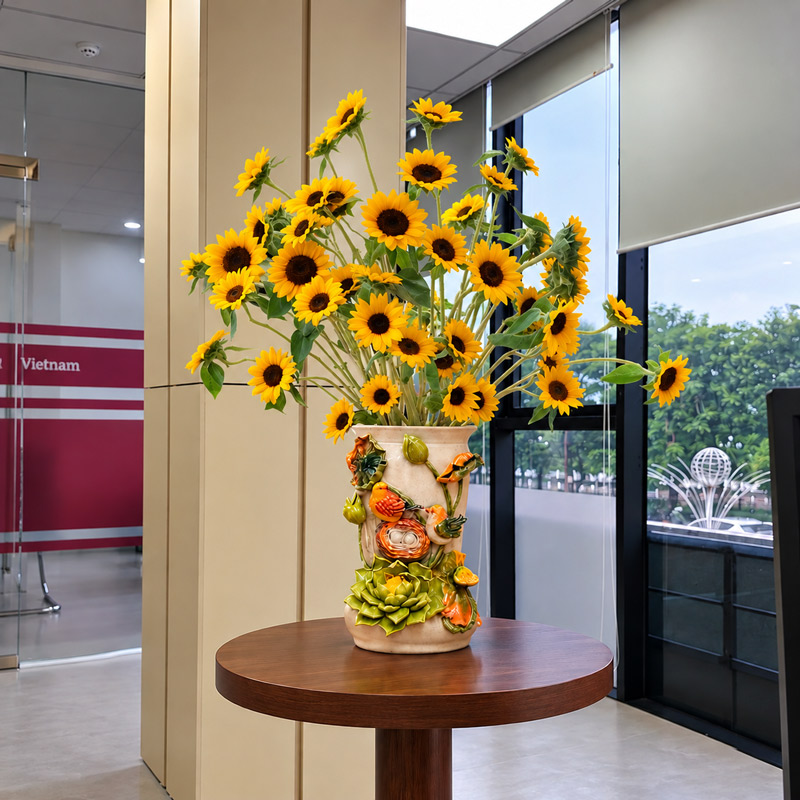3D Embossed Green Lotus Ceramic Vase with Yellow Sunflowers for Workspace Decor