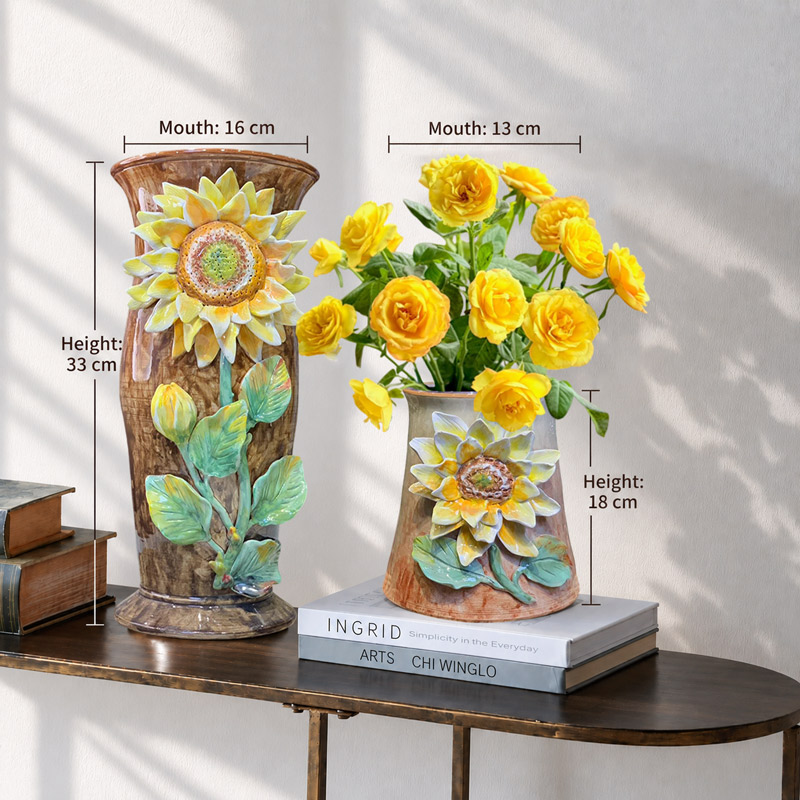 3D Sunflower Ceramic Vase with Yellow Roses, Size Vases, Flower Ceramic Vase