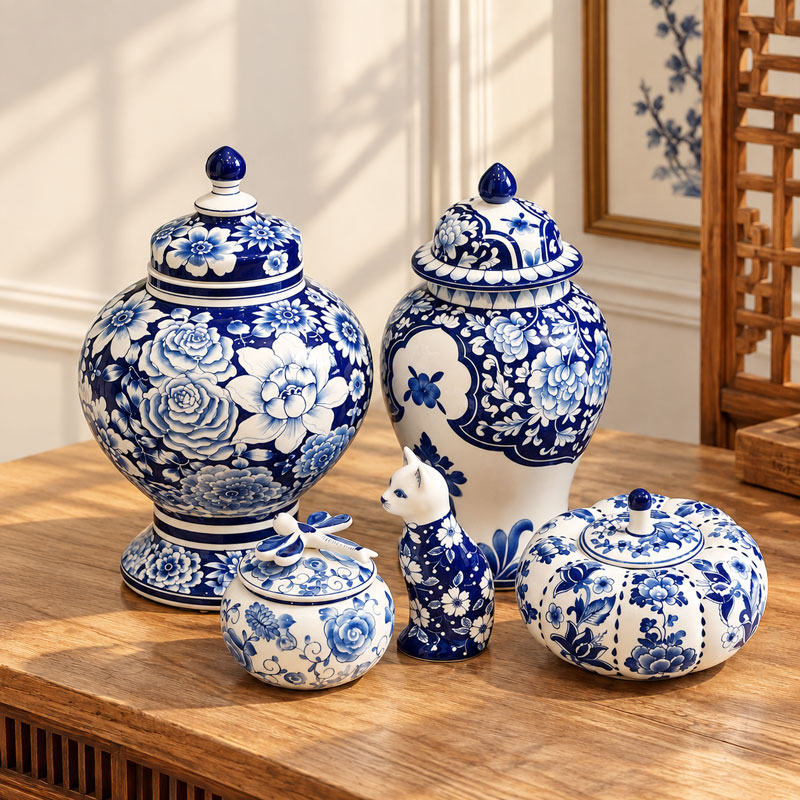 Blue and White Ceramic Ginger Jars and Pumpkin Vase for Home Decor