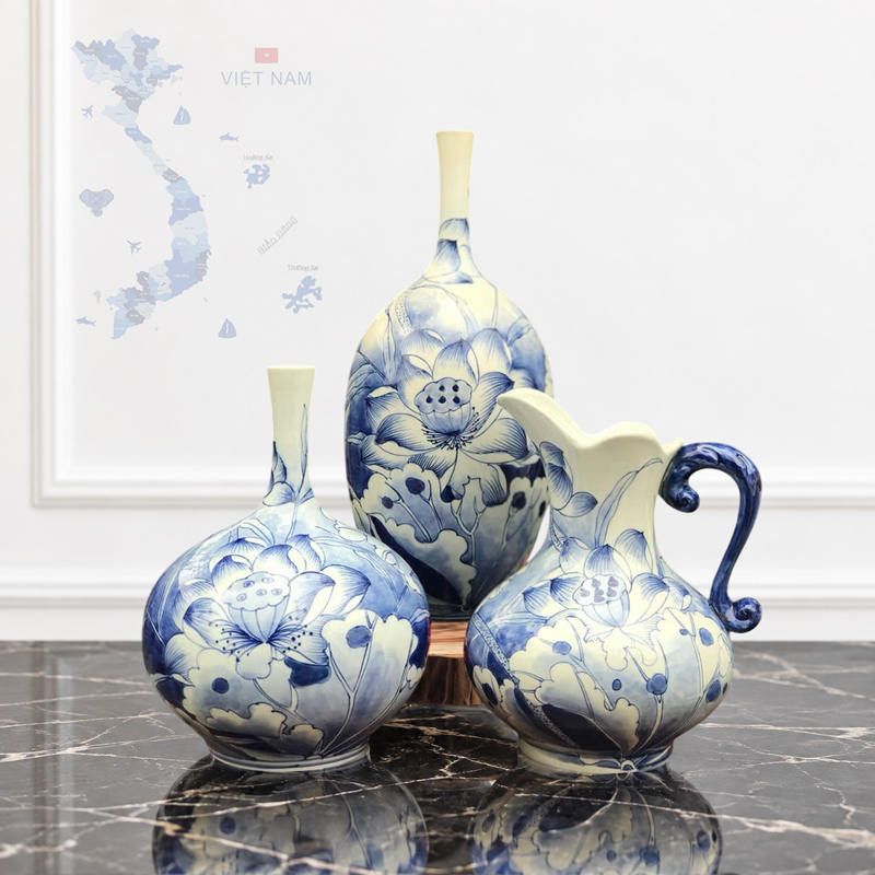 Blue and White Ceramic Pitcher Vase and Weath Vase with Hand-Painted Lotus Flower Motifs