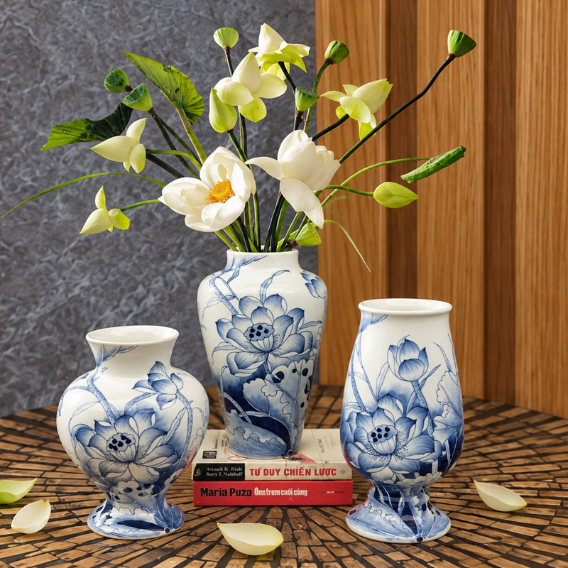 Blue and White Ceramic Vase with White Lotus Flowers, Hand-Painted Lotus Motifs, Handmade Pottery for Home Decor