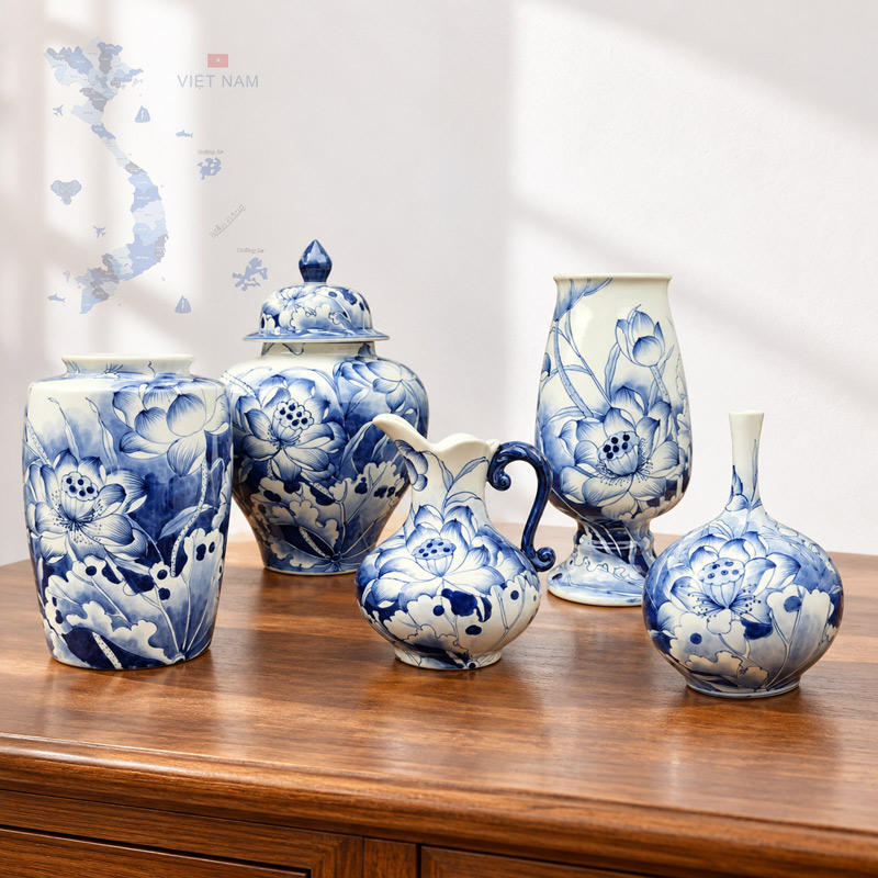Blue and White Ceramic Vases with Hand-Painted Lotus Motifs, Traditional Floral Decorative Vases for Home Decor