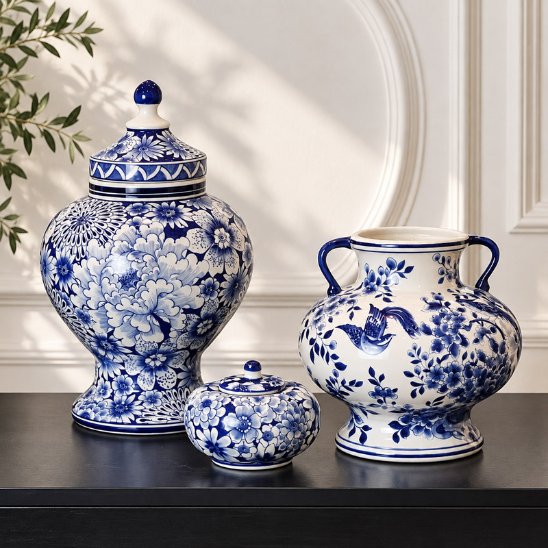 Blue and White Double Handle Vase, Porcelain Ginger Jar and Small Lidded Jar for Decor