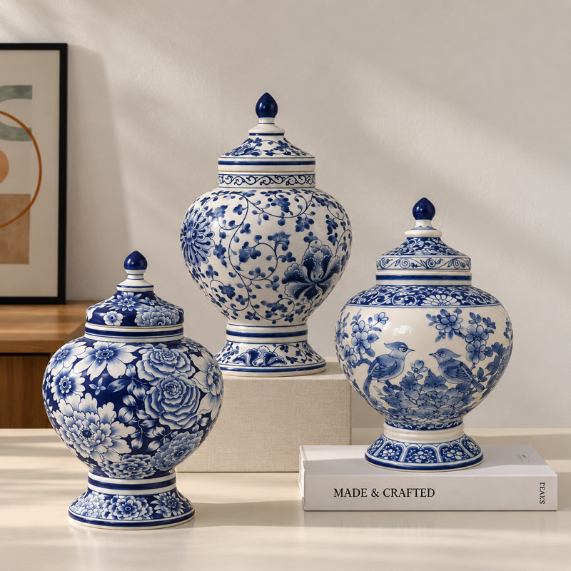 Blue and White Ginger Jar with Lid, Hand-Painted Porcelain Vase with Floral Patterns, Decorative Jar for Living Room, Shelf and Tabletop