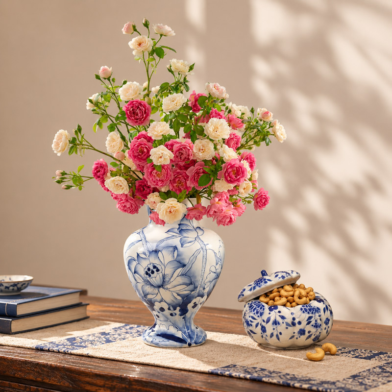 Blue and White Lotus Vase with Rose Bouquet, Pumpkin Shaped Jar for Table Decor