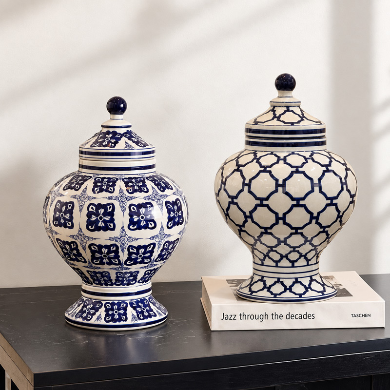 Blue and White Porcelain Ginger Jars from Vietnam, Hand-Painted Floral Designs