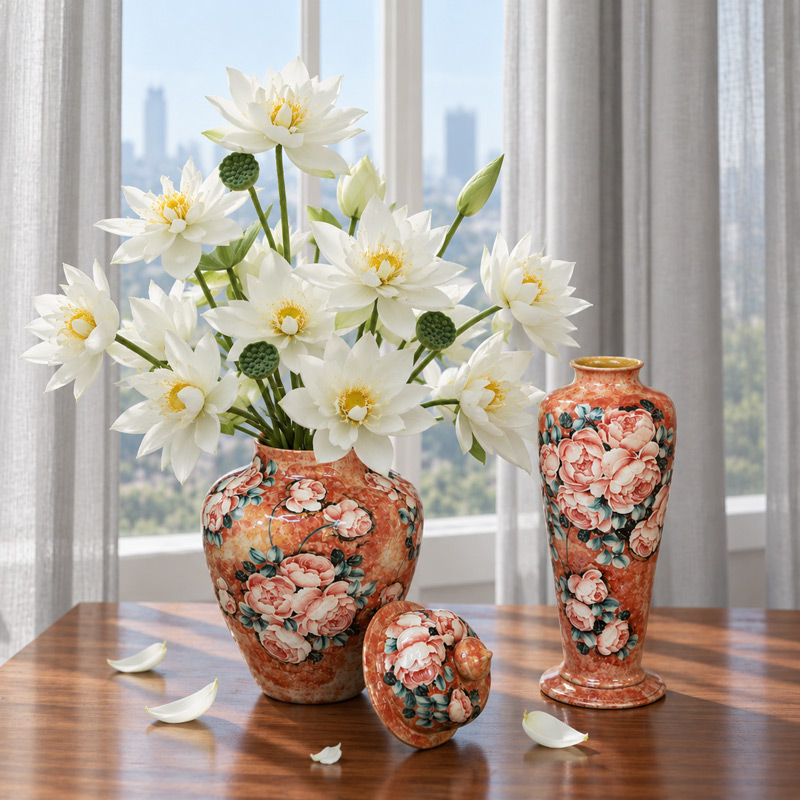 Brown Ceramic Vase with White Lotus Flowers for Home Decor