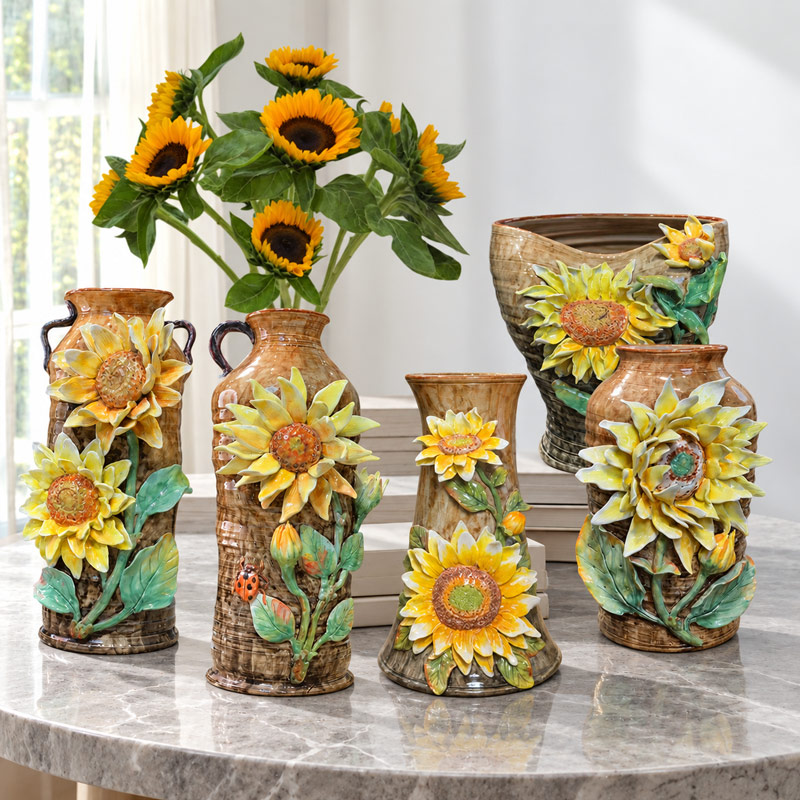 Brown Ceramic Vases with 3D Embossed Sunflower Motifs for Home Decor