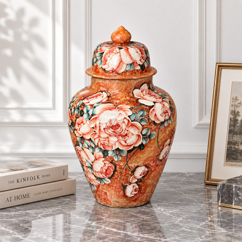 Brown Ginger Jar Porcelain Vase with Rose Pattern