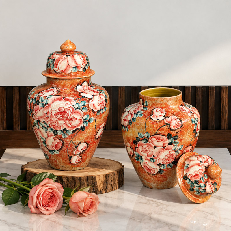 Brown Ginger Jar with Rose Floral Design for Home Decor
