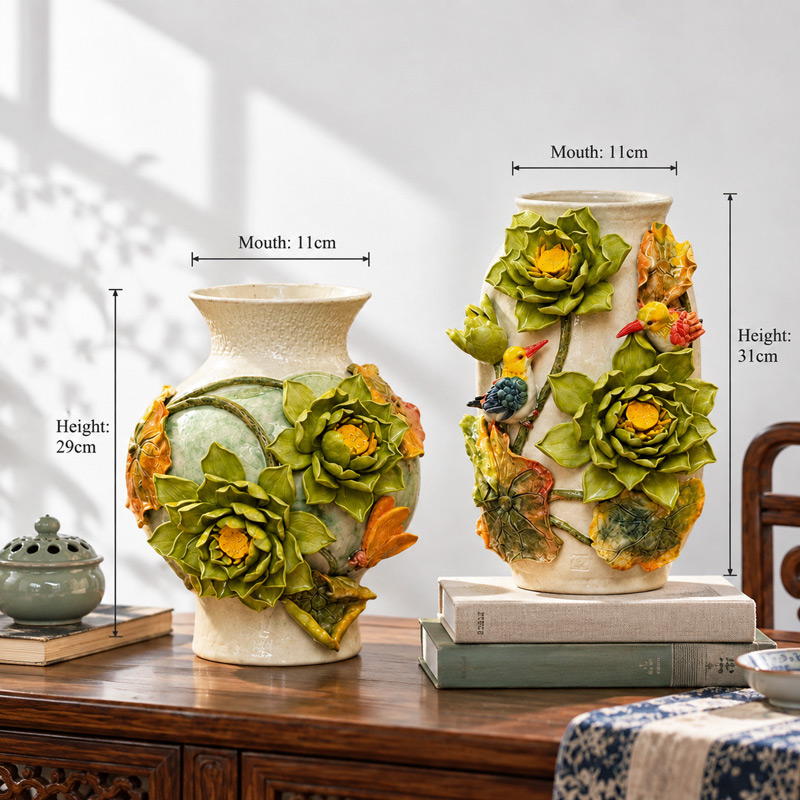 Ceramic Decorative Vases with 3D Lotus and Bird Appliques, Handcrafted Home Decor