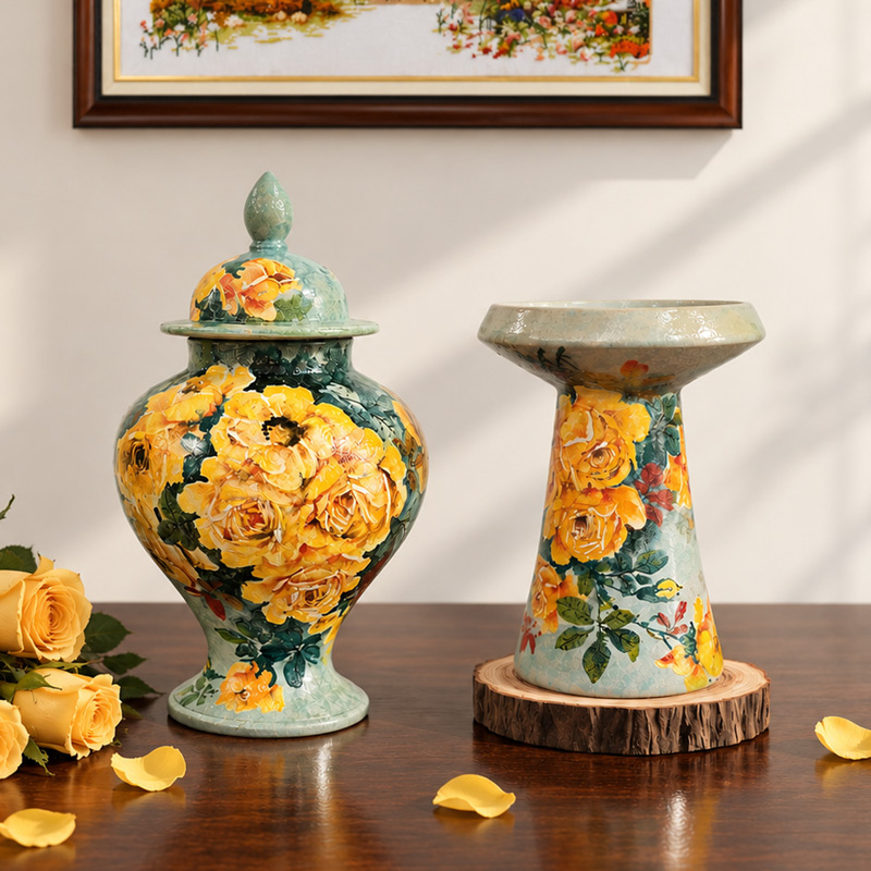 Ginger Jar and Pedestal Vase with Hand-Painted Yellow Rose Designs, Decorative Vases for Home