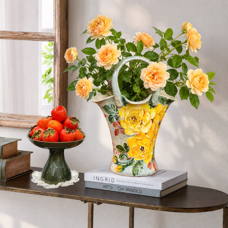 Hand-Painted Ceramic Handbag Vase with Pink Roses, Yellow Rose Floral Pattern