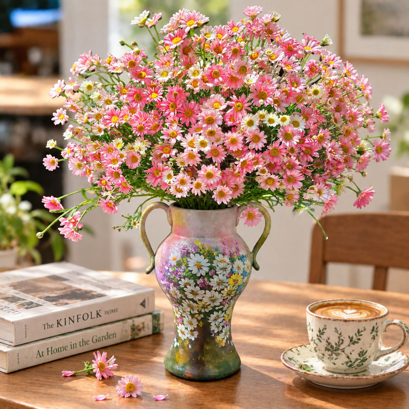 Hand-Painted Ceramic Vase with a Large Pink Daisy Bouquet, Books and Coffee Table Decor