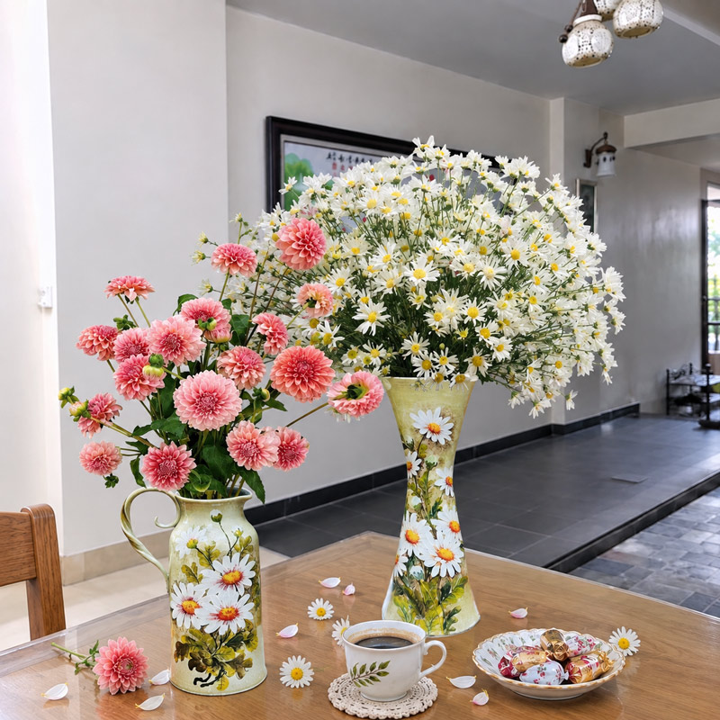 Hand-Painted Ceramic Vases with White Daisies and Pink Dahlias for Home Decor
