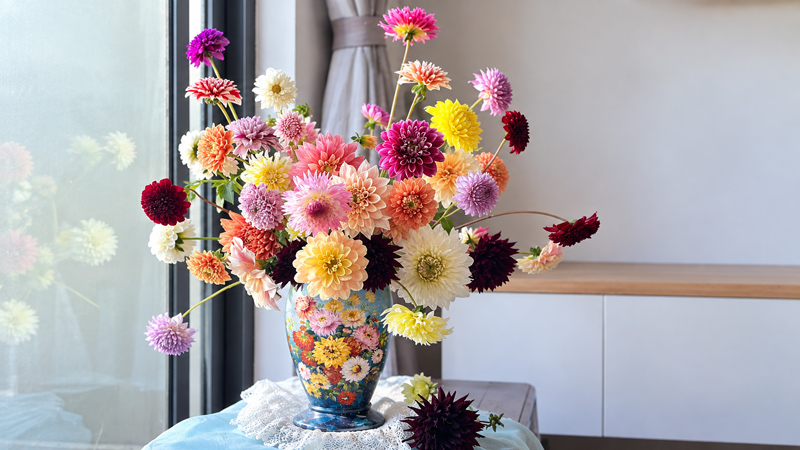 Hand-Painted Dahlia Vase with a Colorful Flower Bouquet