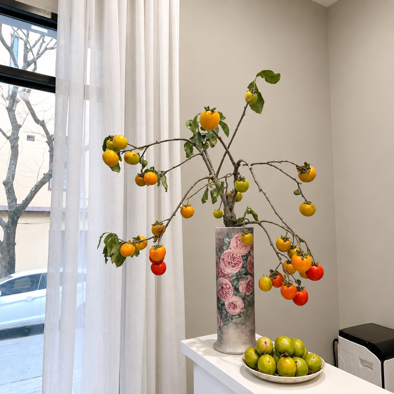 Hand-Painted Rose Ceramic Vase with Persimmon Branches for Home Decor
