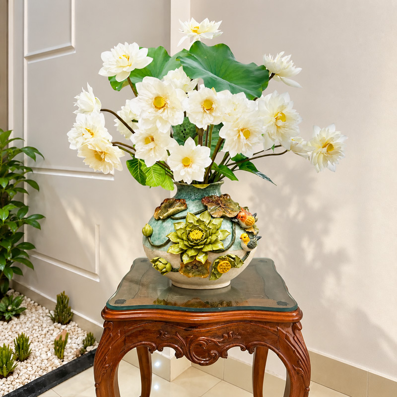 Handcrafted Ceramic Vase with 3D Raised Lotus Flower Relief, Decorative Table Vase with White Lotus Flowers