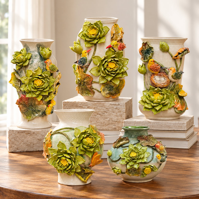 Handcrafted Ceramic Vases with 3D Floral Appliques, Raised Lotus and Bird Motifs
