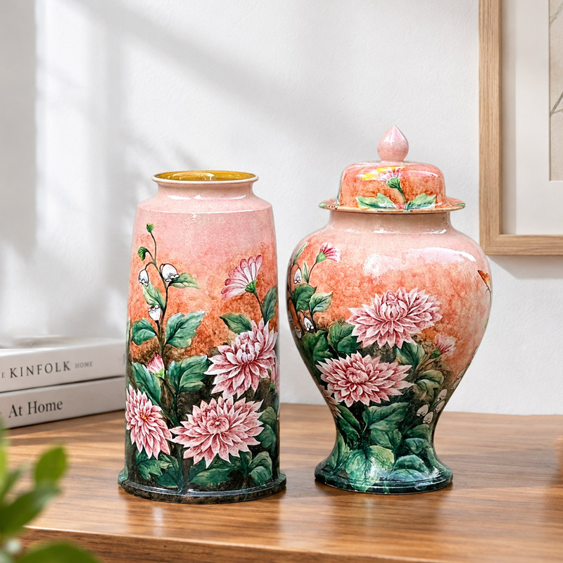 Pink Cylinder and Ginger Jar Ceramic Vases with Hand-Painted Dahlia Floral Patterns