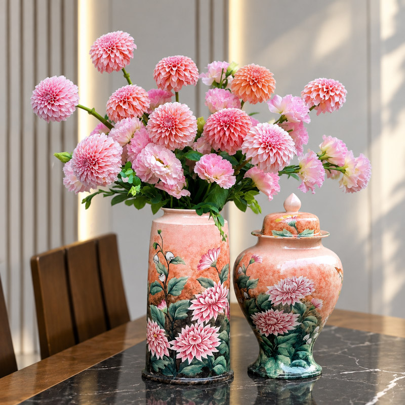 Pink Dahlia Floral Ceramic Cylinder Vase and Ginger Jar for Table Decor