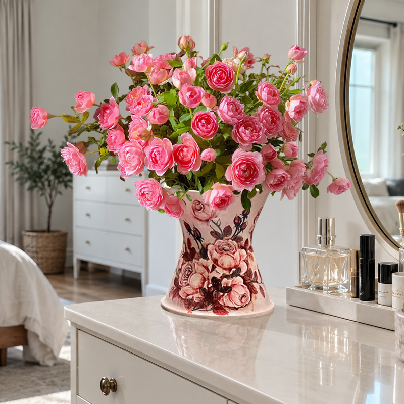 Pink Rose Bouquet with Hand-Painted Ceramic Vase on Vanity Table