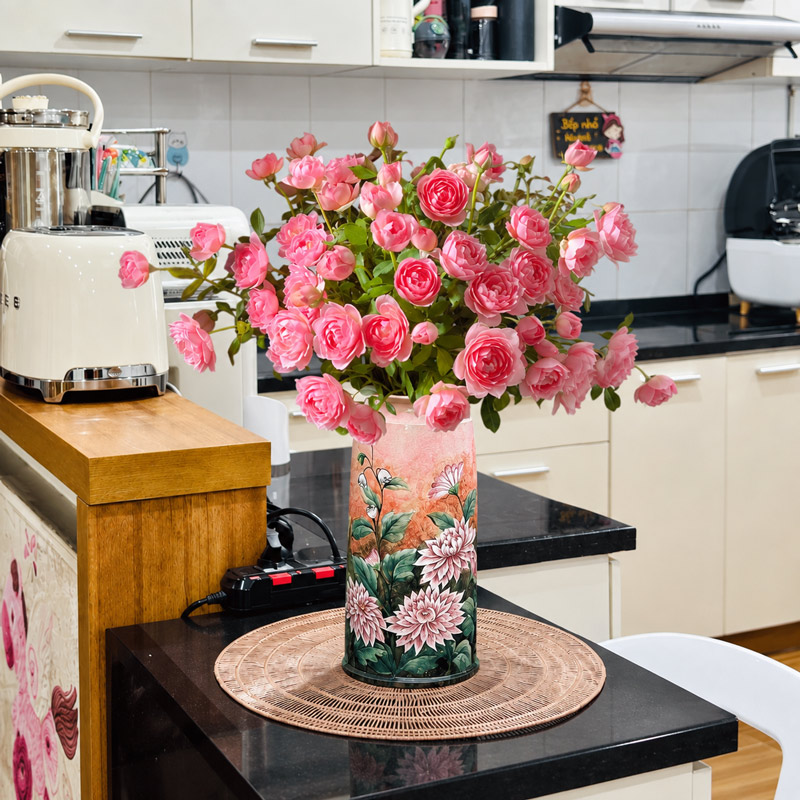 Pink Rose Bouquet with a Floral Dahlia Cylinder Vase for Kitchen Decor