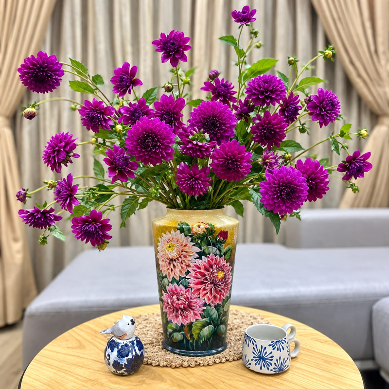 Purple Dahlia Flower Arrangement in a Painted Ceramic Vase for Living Room Decor