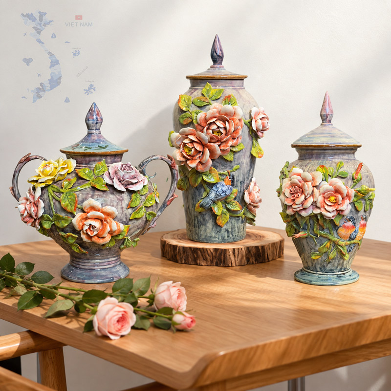 Purple Decorative Lidded Jar with 3D Rose and Bird Embossed Design