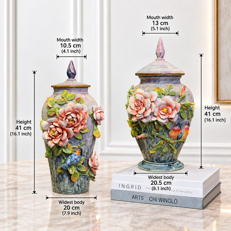 Purple Vase with Lid, 3D Raised Rose Pattern & Size Guide