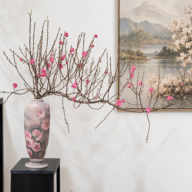 Rose-Patterned Ceramic Vase With Peach Blossom Branches for Home Decor