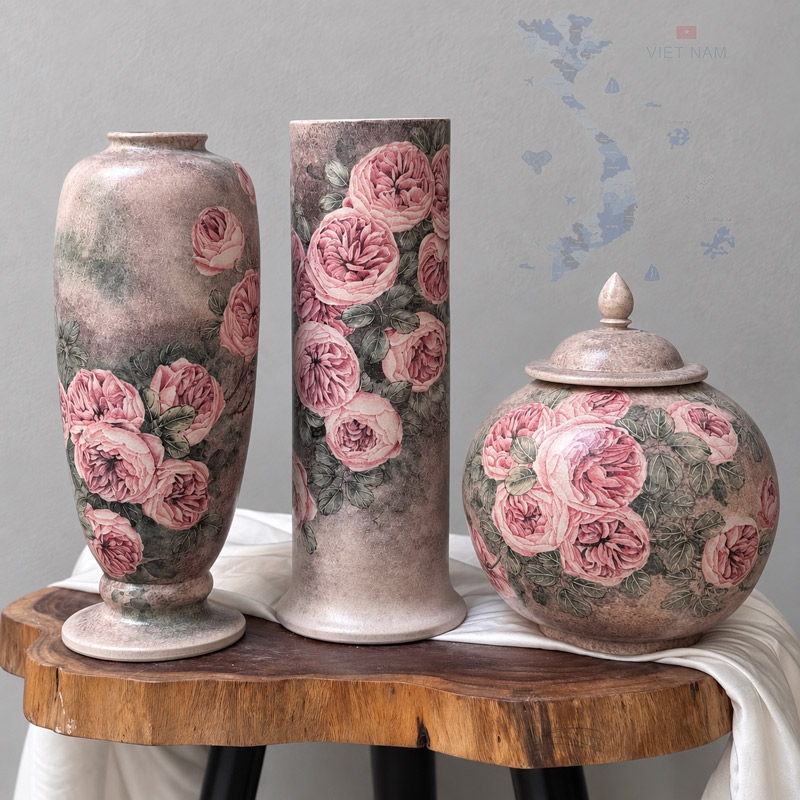 Set of 3 Decorative Ceramic Vases with Vintage Rose Patterns