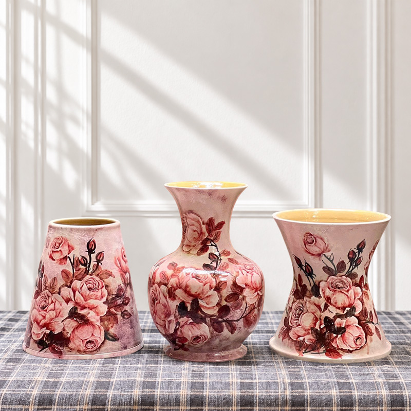 Set of 3 Pink Rose Ceramic Vases, Hand-Painted Handmade Floral Vases