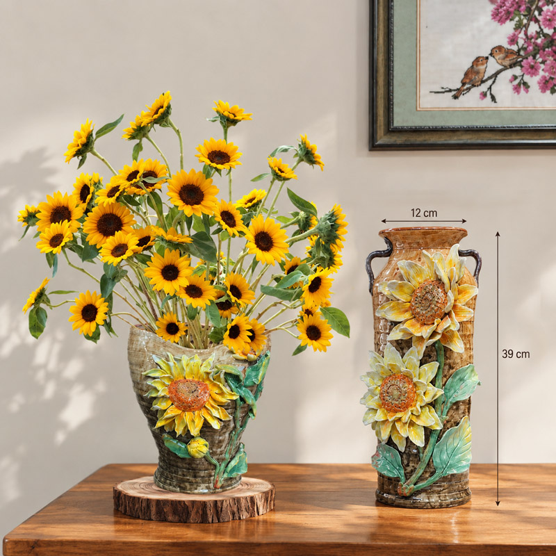 Set of Two Ceramic Vases with Raised Sunflower Motifs, Flower Vases for Home Decor