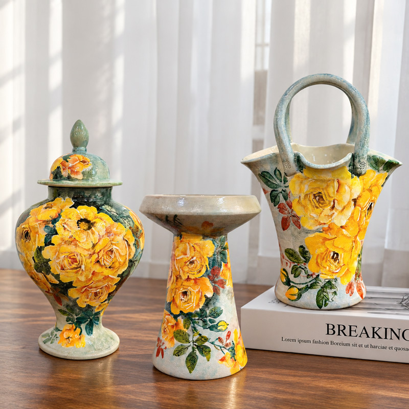 Three Decorative Ceramic Vases with Hand-Painted Yellow Rose Patterns