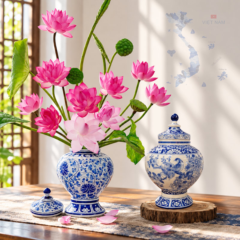 Vietnamese Porcelain Ginger Jar with Pink Lotus Bouquet, Handcrafted Hand-Painted Design