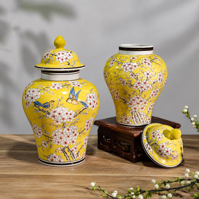 Yellow Ceramic Ginger Jar with Hand-Painted Peach Blossom and Birds
