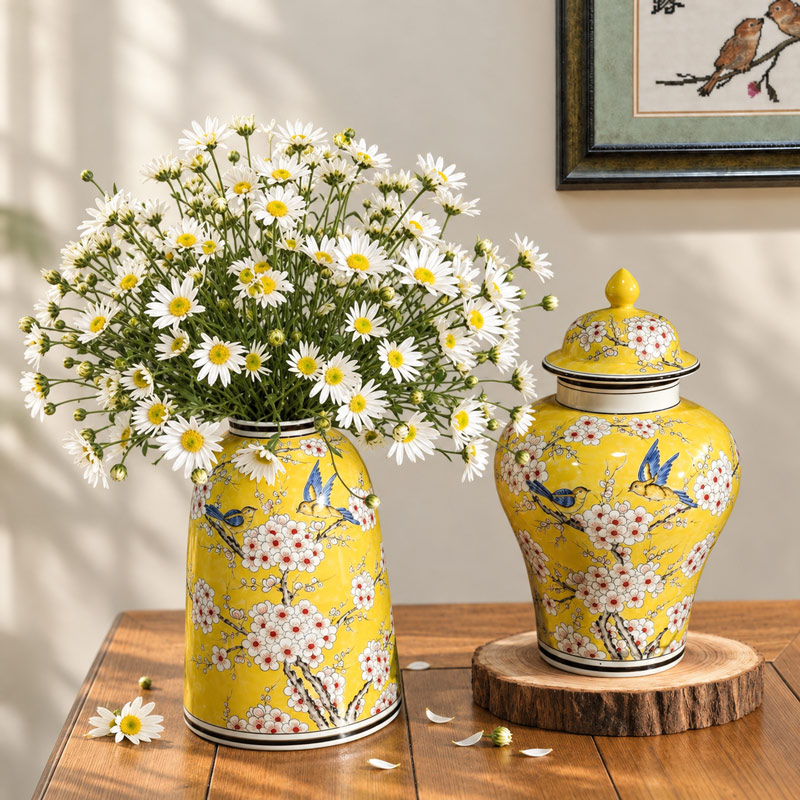 Yellow Ginger Jar and Bell Shaped Vase with White Daisies for Table Decor