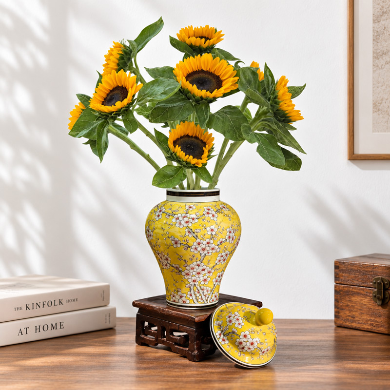 Yellow Ginger Jar with Sunflower Bouquet for Bookshelf Decor