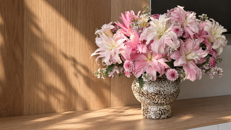 Rustic Ceramic Flower Vase with Lilies, Brown Vase for Farmhouse and Natural Home Decor