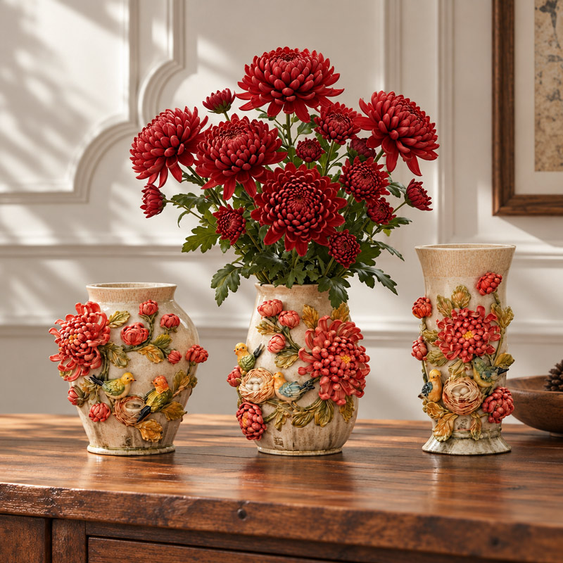 3-Piece Ceramic Vase Set with Raised Floral Details and Decorative Birds, Flower Vase For Home Decor
