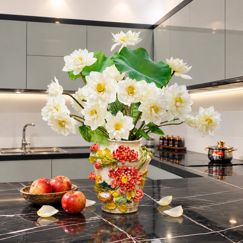 3D Red Chrysanthemum Ceramic Vase with White Lotus Flower Arrangement for Kitchen Table Decor