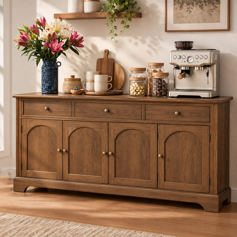 A Lily Vase on a Brown Wooden Kitchen Cabinet, Adding a Warm Decorative Accent to The Kitchen.