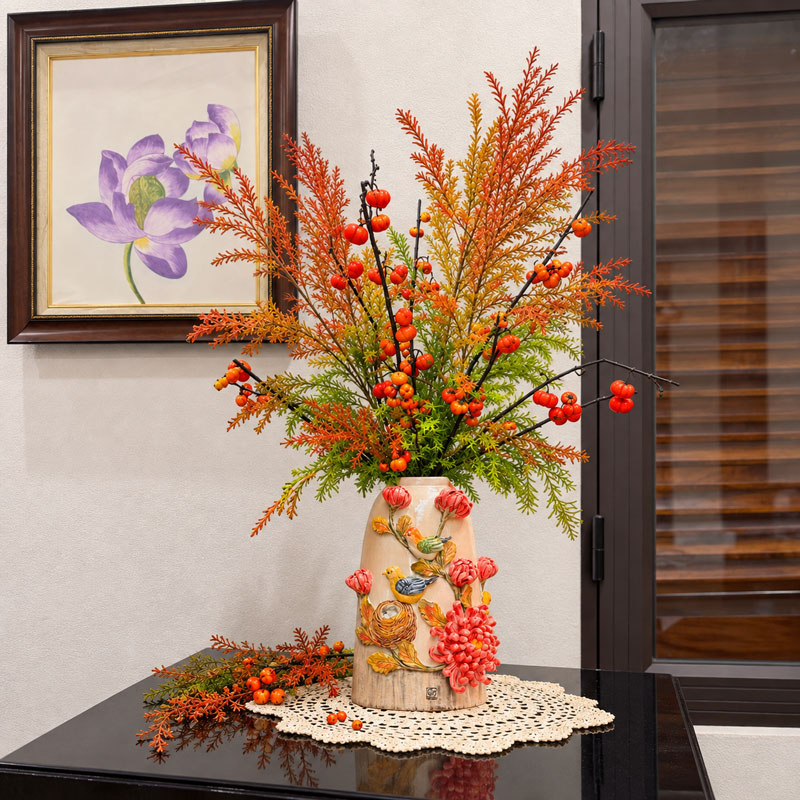 Bell Shaped Ceramic Living Room Vase with 3D Red Chrysanthemum Motifs