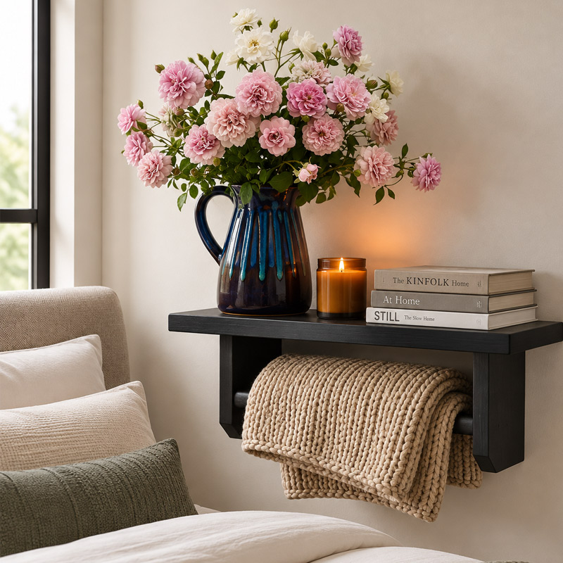 Blue Ceramic Vase with Pink Roses on a Shelf in a Modern Bedroom
