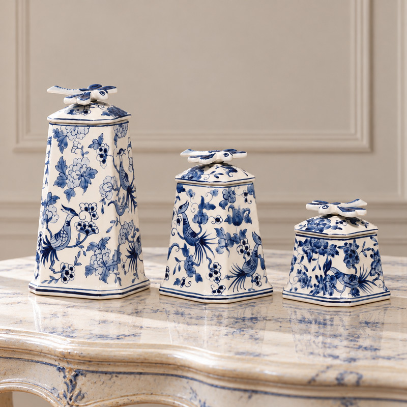 Blue and White Bell Shape Ceramic Jars, Set of 3 Sizes for Tabletop Decoration